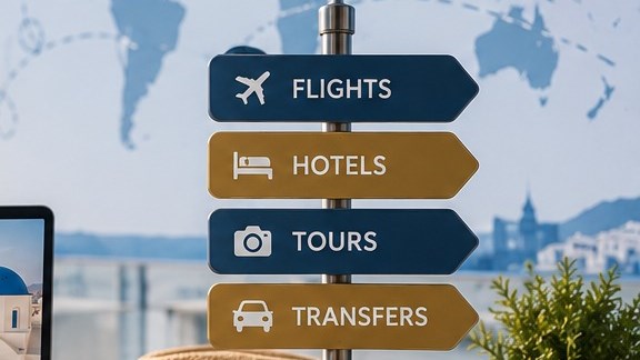 Signpost pointing to flights, hotels, tours and transfers in front of a world map