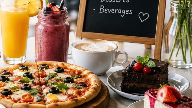 Café table with fresh juice, coffee, desserts and a chalkboard menu