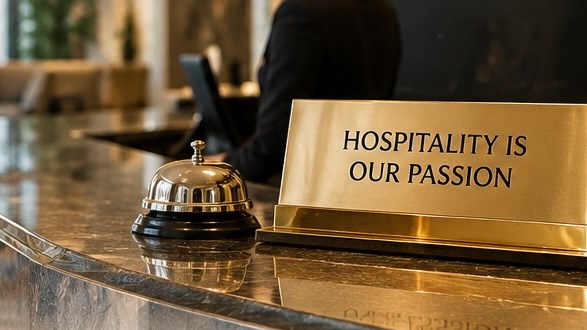 Hotel reception desk with a service bell and a brass Hospitality Is Our Passion sign