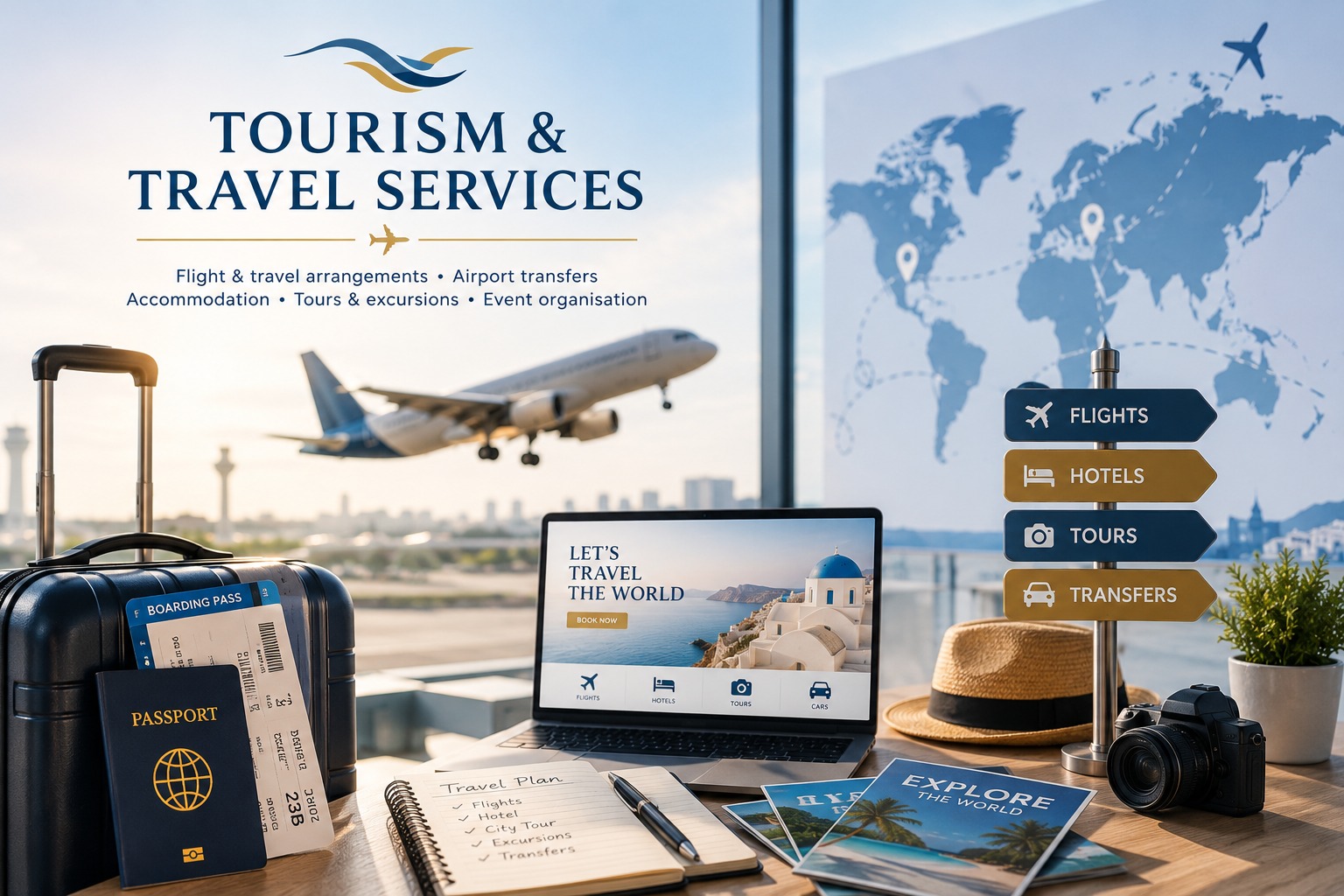 Tourism and travel services: flights, transfers, hotels and tours